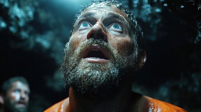 Close-up of a man with a wet beard and intense blue eyes looking upward in a dark, wet environment with a focused and desperate expression