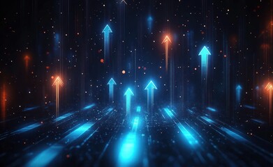 glowing blue and orange digital arrows pointing upward over a dark futuristic grid with floating light particles creating a sense of progress and advancement