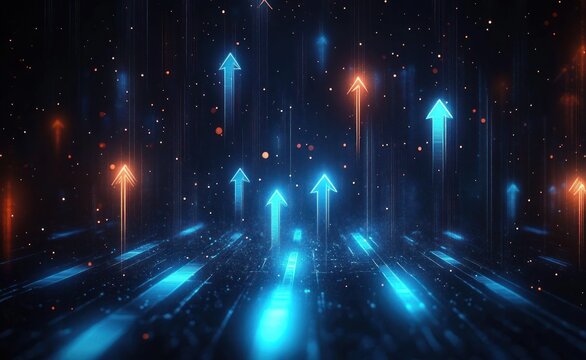 glowing blue and orange digital arrows pointing upward over a dark futuristic grid with floating light particles creating a sense of progress and advancement - Powered by Adobe