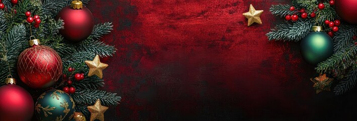 festive christmas decoration with red and green baubles, golden stars, pine branches, and red berries on a dark red textured background conveying holiday cheer