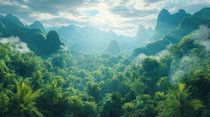 Sunlight breaking through partly cloudy sky over lush green tropical forest and dramatic mountain peaks shrouded in mist