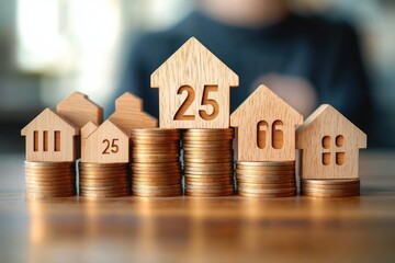 Wooden house figures with numbers placed on stacks of coins symbolizing real estate investment and financial growth