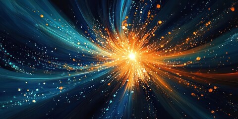 Bright radiant burst of orange and blue light with sparkling particles spreading outward on dark background, evoking energy and cosmic explosion
