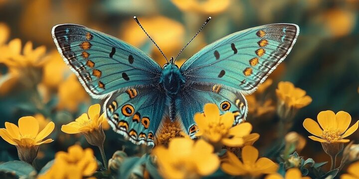close-up of a vibrant turquoise butterfly with orange and black markings resting on bright yellow flowers with soft green and yellow blurred background