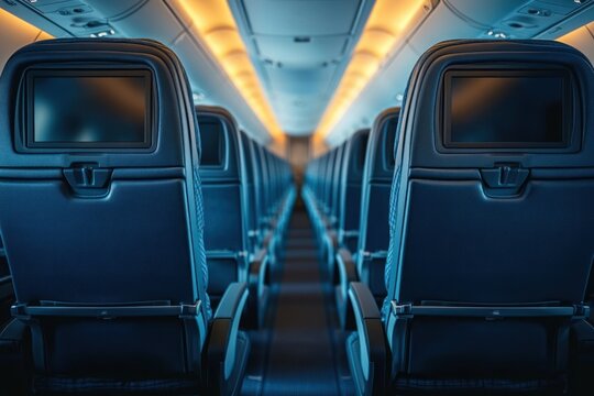 Empty airplane cabin interior with rows of modern dark blue leather seats and soft overhead lighting creating a calm atmosphere - Powered by Adobe