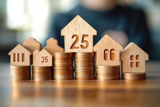 Wooden house figures with numbers placed on stacks of coins symbolizing real estate investment and financial growth