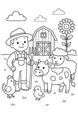 Farmer with Pitchfork and Farm Animals Including Cow, Sheep, Chicken, and Chick