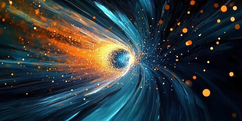 Dynamic glowing tunnel with swirling blue and orange streaks and scattered light orbs creating a sense of motion and energy