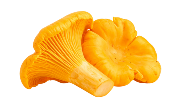 Golden chanterelle mushroom duo with natural organic texture, isolated on transparent background