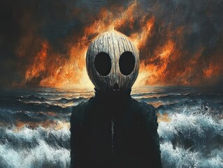 Silhouetted figure wearing a large mask with hollow eyes standing against a turbulent ocean backdrop and fiery, smoky sky evoking a sense of mystery and unease