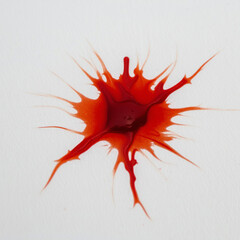 Abstract art: vivid red splatter and drops on a clean white surface.