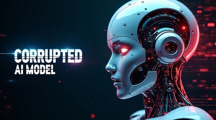 A futuristic robotic head with glowing red eyes, showcasing a corrupted AI model theme in a dark, high-tech background.