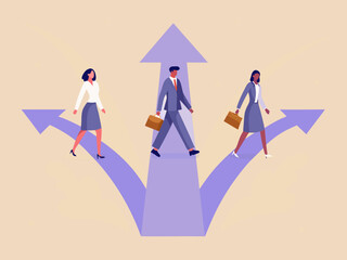 Diverse business professionals walking on diverging paths representing career choices and future direction