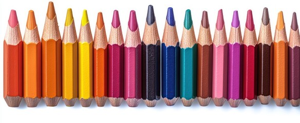 Naklejka premium Row of sharpened colored pencils in various shades arranged horizontally on a white background, evoking creativity and artistic inspiration