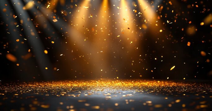 Golden confetti falling under warm spotlights creating a festive and celebratory atmosphere on a dark background