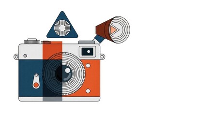 Retro camera with geometric shapes, vibrant orange, blue, and red details