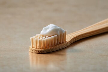 Natural bamboo toothbrush with soft bristles and a dollop of white toothpaste on a smooth surface