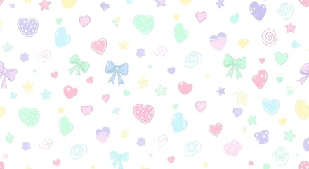 Pastel abstract pattern with hearts, bows, stars, and swirls