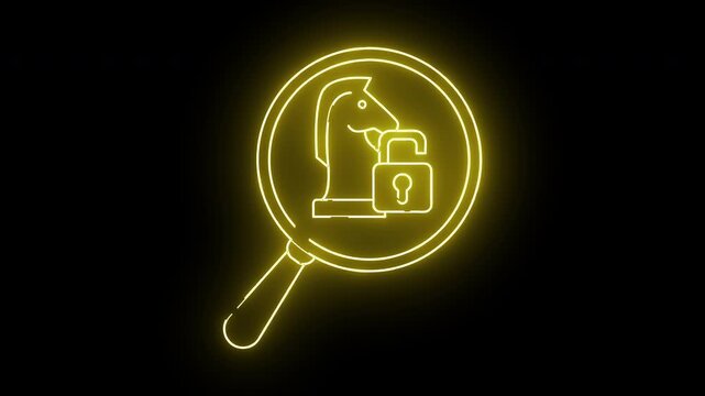 Illuminated chess knight and padlock inside a magnifying glass outline on a black background