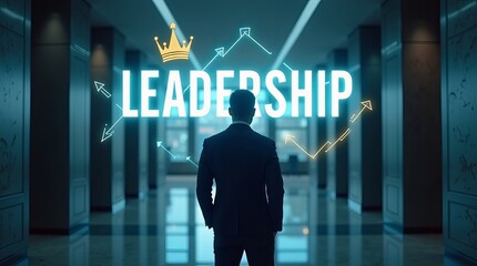 A man in a suit stands confidently, silhouetted against a 'LEADERSHIP' graphic, embodying vision and ambition in a modern workspace.