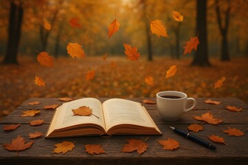 open book with coffee cup on wooden table under falling autumn leaves
