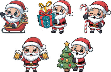 Cute santa claus cartoon characters isolated on white background vector set