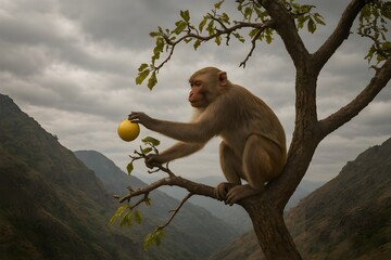 monkey picking fruit from tree branch in misty mountain landscape
