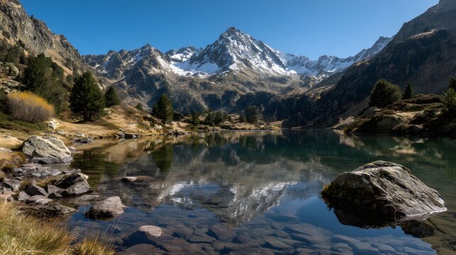 Pristine alpine lake reflects snow capped mountain range under clear blue sky