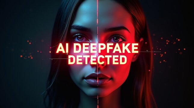 A striking image of a female face with eyes focused intensely, featuring bold red text 'AI DEEPFAKE DETECTED' across the center.