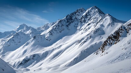 Fototapeta premium Majestic snow-covered peaks rise dramatically against a clear blue alpine sky