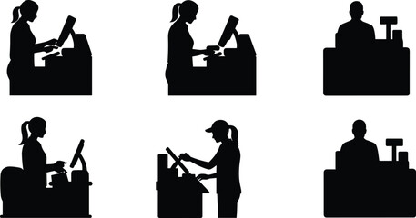 Cashier operating register at store counter, silhouette illustration of retail workers scanning items, point of sale, shopping and payment concept
