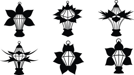 Collection of artistic traditional paper lantern silhouettes with floral petal designs, creative lamp shapes, festival decorations, Asian craft, and cultural lighting art