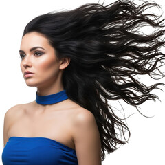 Fototapeta premium Young woman with long flowing black hair windblown style portrait photography isolated on transparent background