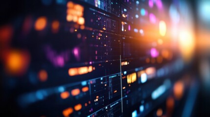Close-up of colorful digital data visualization with glowing orange, purple, and blue lights creating a futuristic and dynamic technology interface