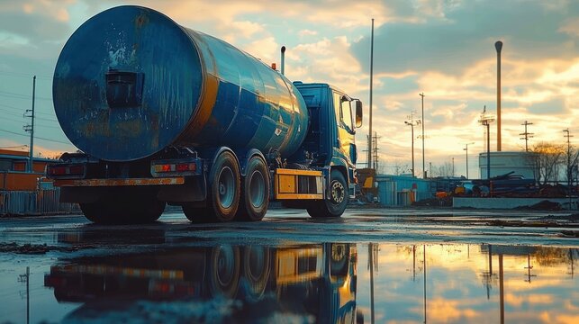 Large blue tanker truck parked on wet industrial ground with reflections during sunset under partly cloudy sky