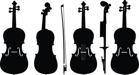 Collection of violin silhouettes with bow, musical instrument illustration showing classic string shapes, orchestra art, and elegant music performance design concept