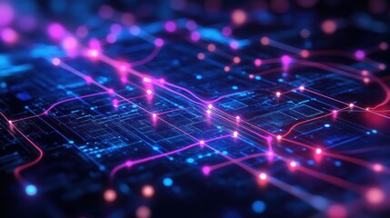 Abstract futuristic digital circuit board with glowing neon pink and blue lines and bright connection points representing data flow and technology