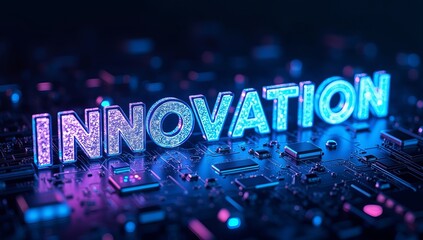 Glowing blue and purple 'INNOVATION' text on a dark circuit board background, showcasing a modern technology theme.