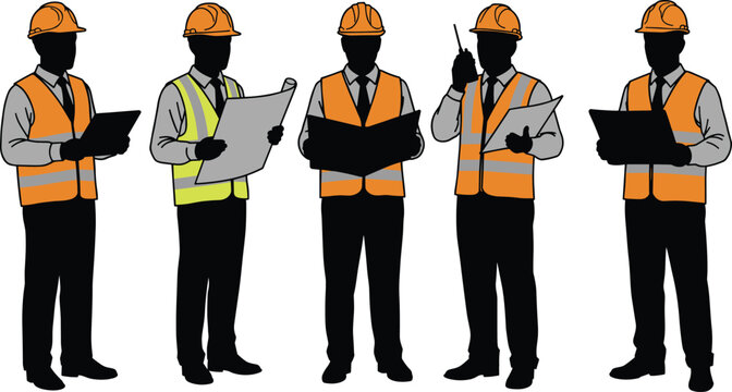 Construction engineers and supervisors wearing safety vests and helmets discussing blueprints, project management, and site planning teamwork in industrial construction