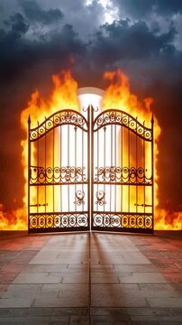 Ornate iron gate surrounded by blazing flames with bright light shining through under a cloudy, dramatic sky, stone pathway.