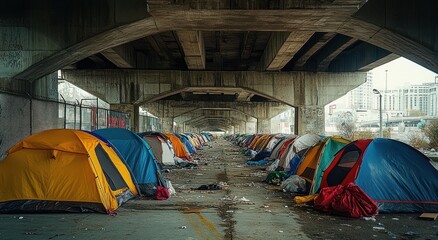 Long row of colorful tents under a large concrete overpass with scattered trash and urban surroundings, evoking a sense of hardship and shelter in an informal camp