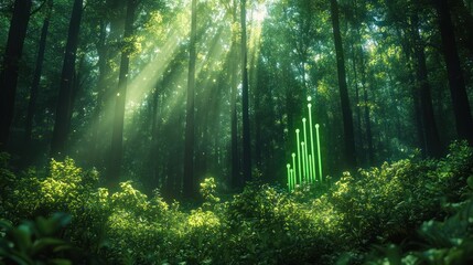 Obraz premium Sunlight beams piercing through a dense green forest with glowing abstract green light structures among the foliage, evoking a sense of mystery and tranquility