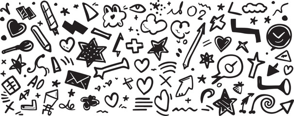 Obraz premium Abstract Hand Drawn Doodle Elements Vector SetModern Ink Brush Shapes and Symbols CollectionCreative Abstract Marks and Scribble Design Pack