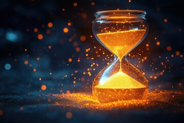 Close-up of a glowing orange hourglass with sand falling through the narrow center surrounded by sparkling particles against a dark blurred background