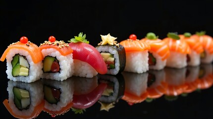 A row of assorted sushi, including maki and nigiri, with various toppings, displayed on a black reflective surface.
