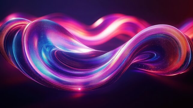 Vibrant swirling wave of glowing neon colors blending purples, pinks, and blues against dark background emitting light and energy