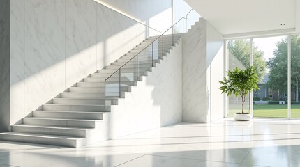 Obraz premium A modern foyer with a white marble staircase, glass railing, large windows, and a potted tree, overlooking a green lawn.