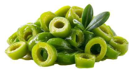 Photorealistic macro shot of sliced green olives with olive leaves.