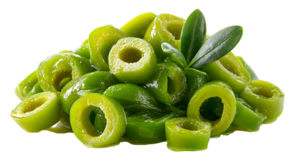 Photorealistic macro shot of sliced green olives with olive leaves.