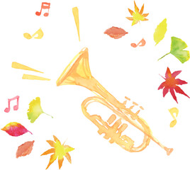 トランペットと音符と紅葉のイラスト　ベクター